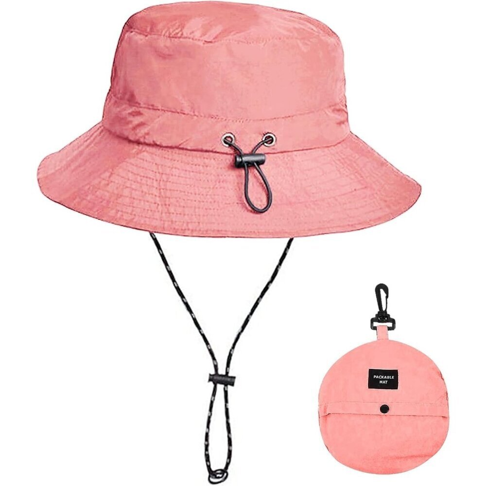 Unisex Pink Nylon Mesh Wide Brim Boonie With Chin Strap Packable Bucket Sun Hat